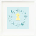 An inspirational print with a graphic of Finley the duckling on a blue background with a wreath of butterflies and leaves and words that say “Better together” in dark blue.