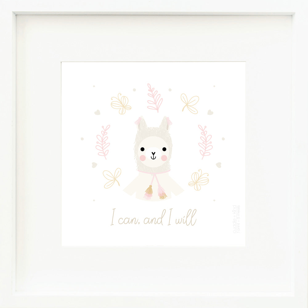 An inspirational print with a graphic of Lola the llama on a white background with leaf and butterfly drawings and the words “I can, and I will” in brown-gray.