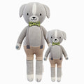 Noah the dog in the regular and little sizes, shown from the front. Noah is wearing brown shorts, gray suspenders and a striped green and white bow tie.