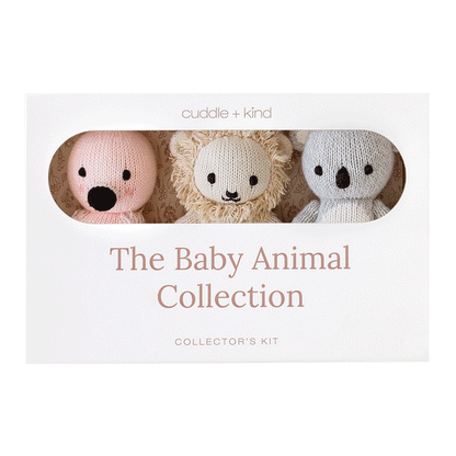 A GIF of the baby animal collector’s kit box, showing 3 baby animal styles alternating within the box.  The text on the box says “cuddle+kind the baby animal collection collector's kit"