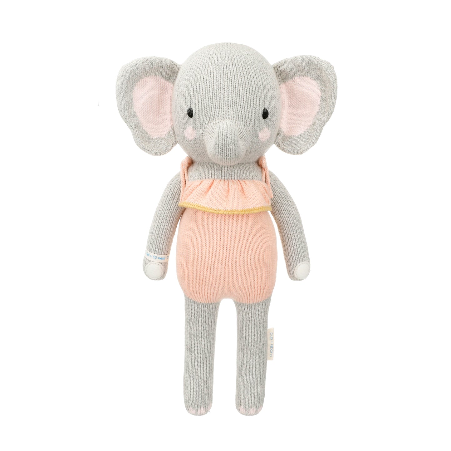 Eloise the elephant shown from 360°. Eloise is wearing a pink romper with a ruffle.