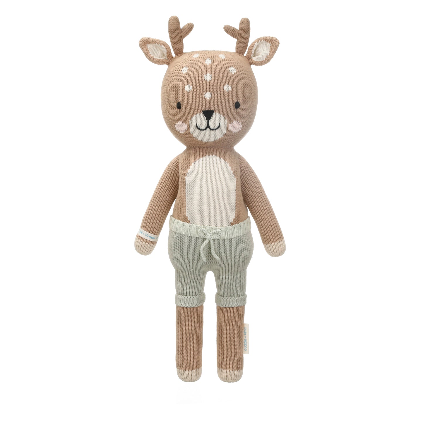 Elliot the fawn shown from 360°. Elliott is wearing green shorts with a tie in the front.
