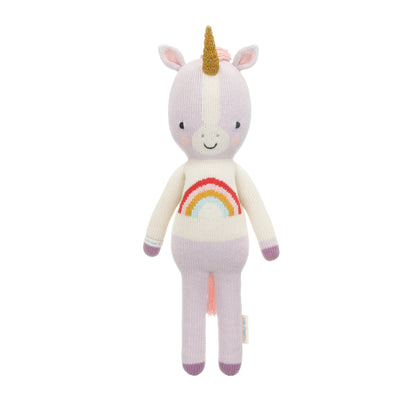Zoe the unicorn shown from 360°. Zoe is purple, and her shirt has a rainbow on it.