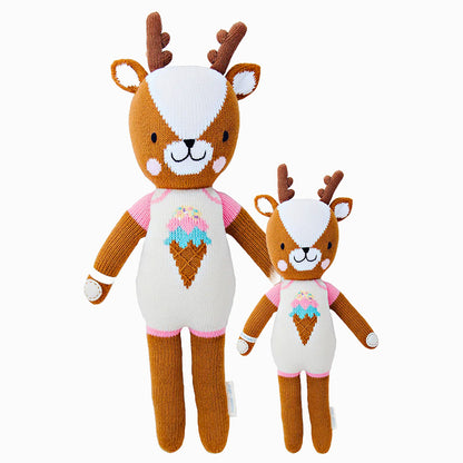 Willow the deer in the regular and little sizes, shown from the front. Willow is wearing a white romper with pink details and an ice cream cone on the front.