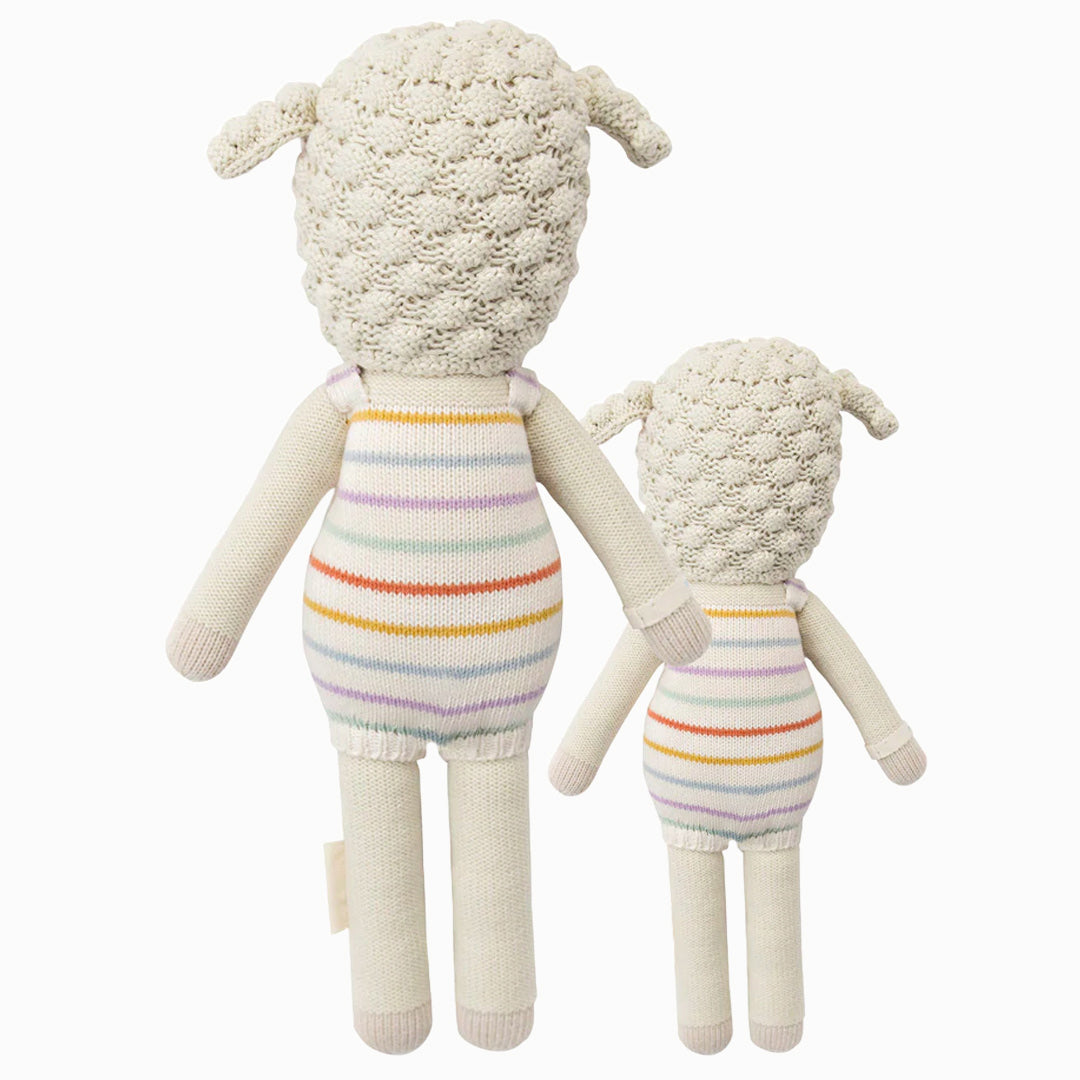 Cuddle and kind doll Avery the lamb in the regular and little sizes, shown from the back.
