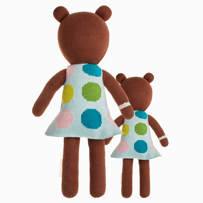 Cuddle and kind doll Ivy the bear in the regular and little sizes, shown from the back.