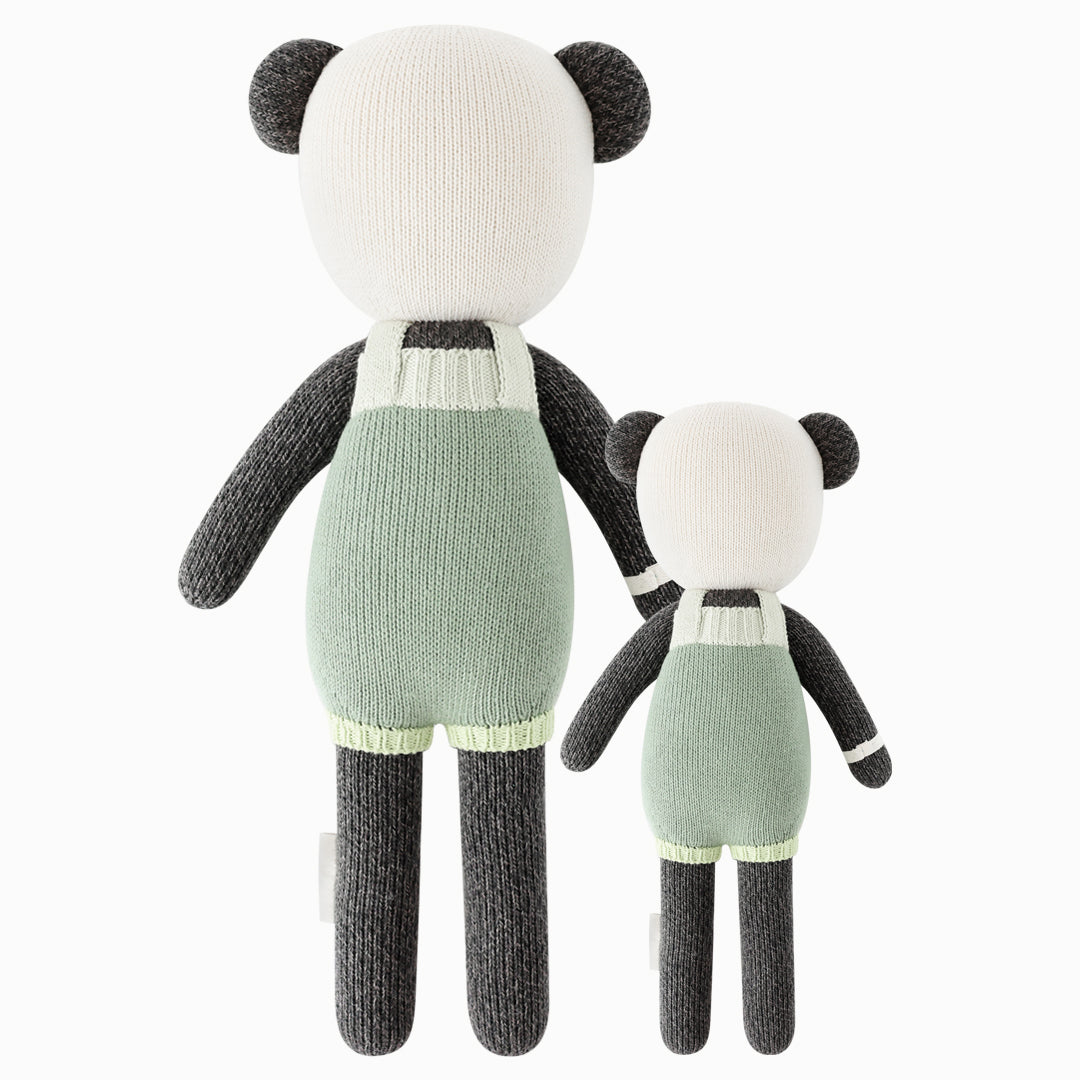 Cuddle and kind stuffed doll Paxton the panda in the regular and little sizes, shown from the back. 