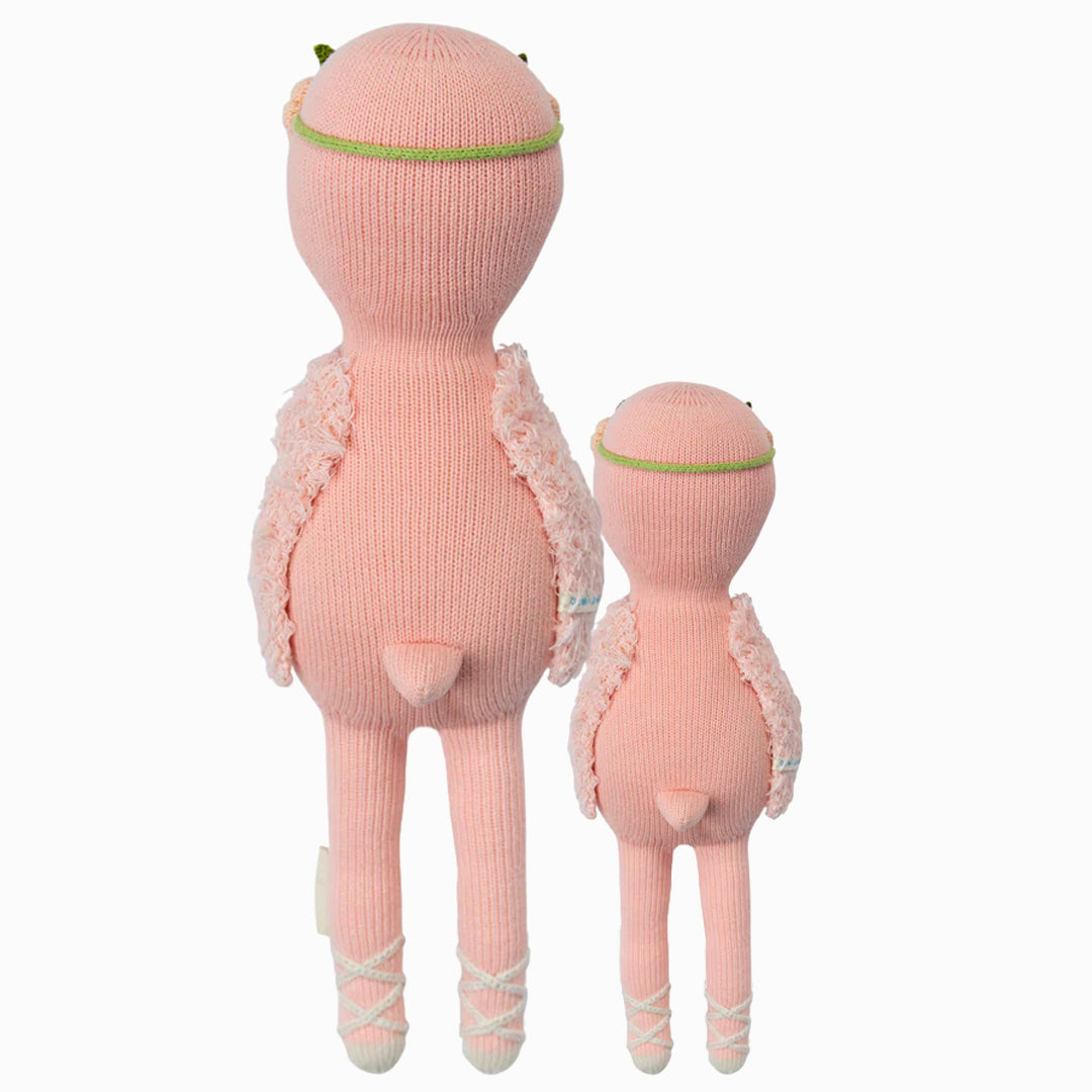 Cuddle and kind doll Penelope the flamingo in the regular and little sizes, shown from the back.