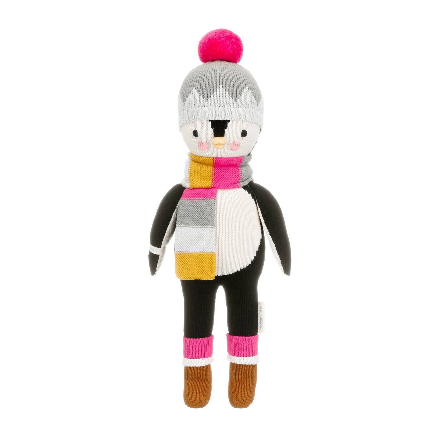 Aspen the penguin  shown from 360°. Aspen is wearing a striped pink, yellow, gray, and white scarf, a grey/gray hat with a pink pompom and brown and pink boots.