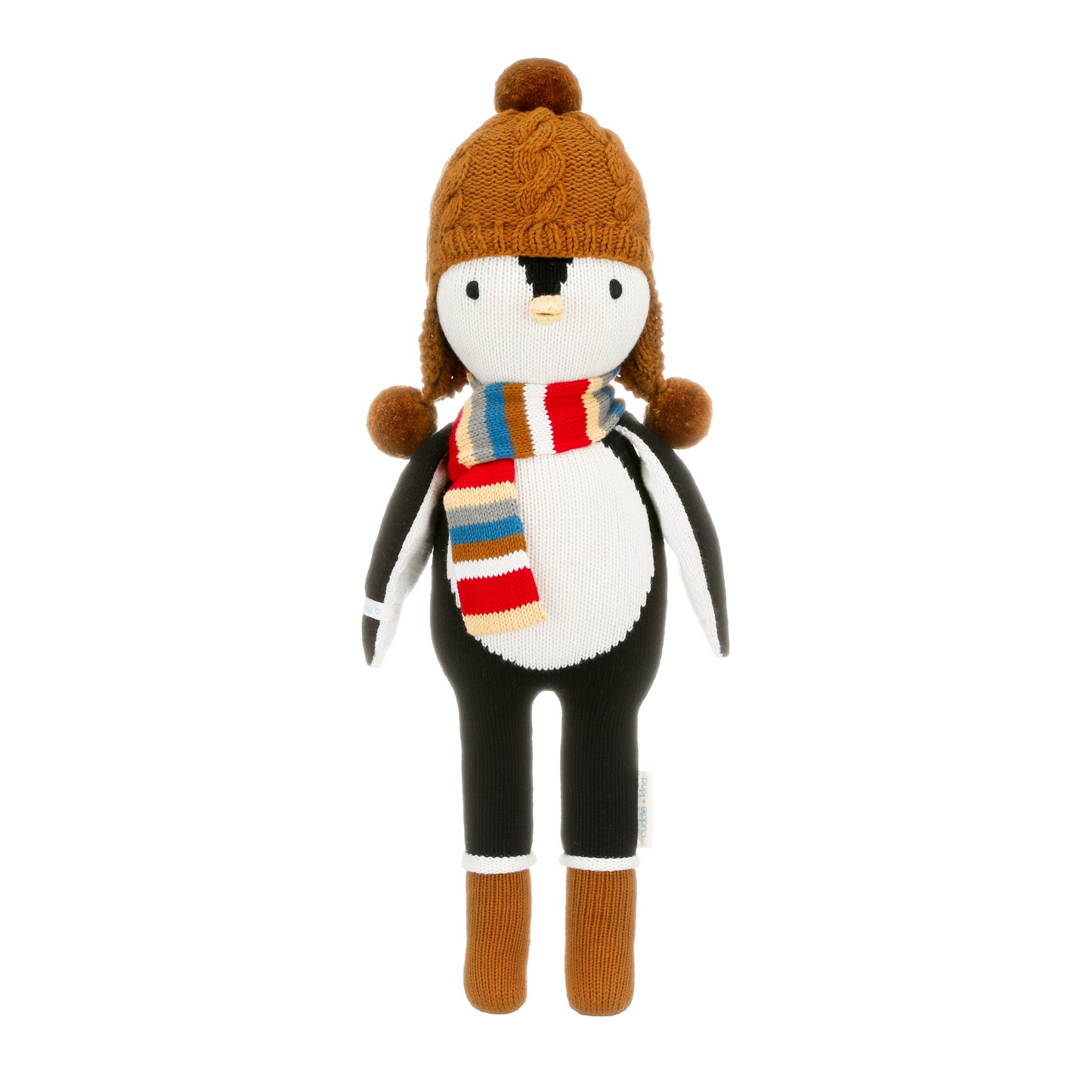 Everest the penguin shown from 360°. Everest is wearing a striped red, yellow, gray, blue and brown scarf, with a brown hat and brown boots.