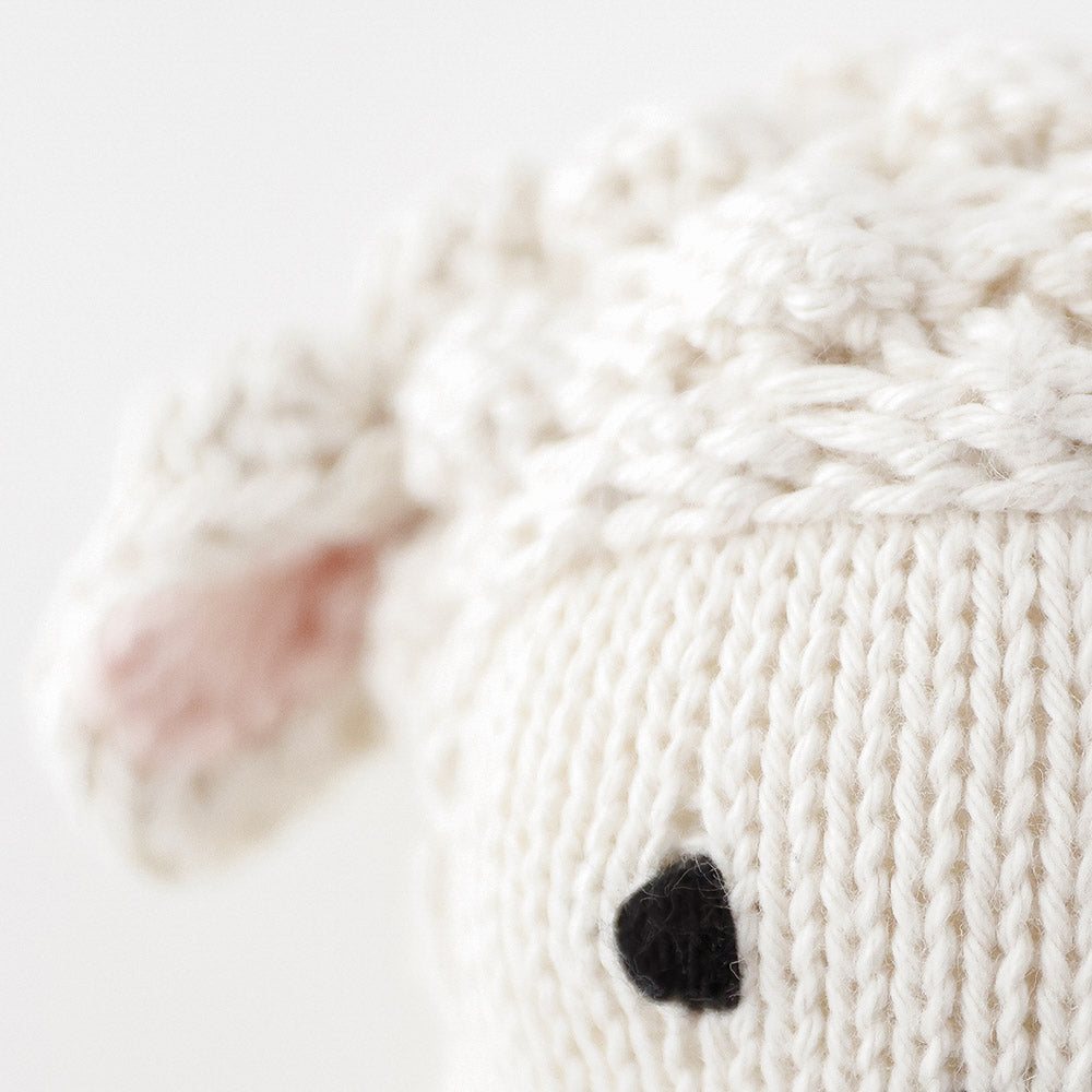 A close up showing the hand-knit details on baby lamb’s head.