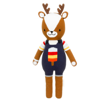 Scout the deer shown from 360°. Scout is wearing a rainbow-striped t-shirt and blue overalls with a popsicle on the front.