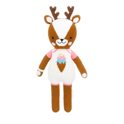 Willow the deer shown from 360°. Willow is wearing a white romper with pink details and an ice cream cone on the front.