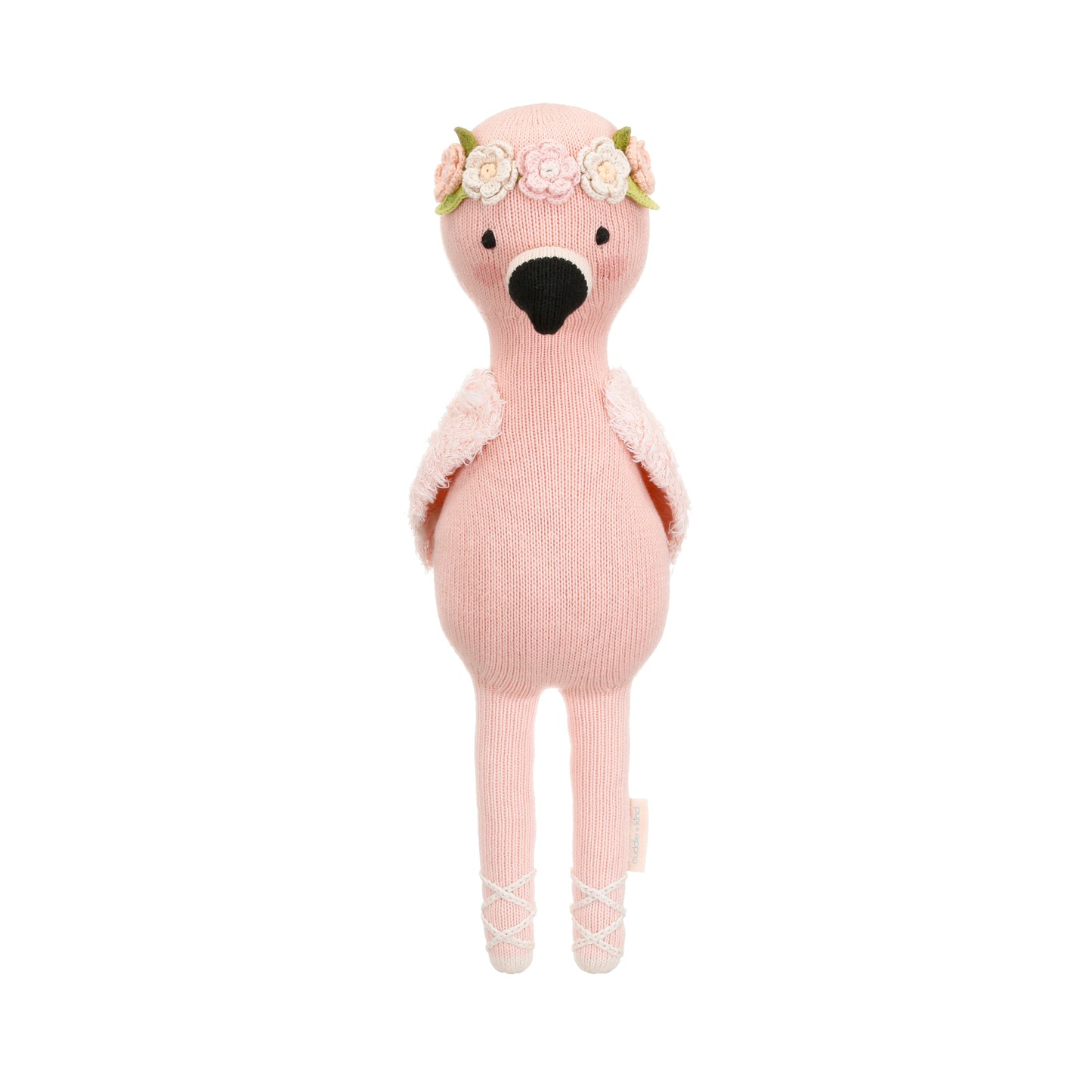 Penelope the flamingo shown from 360°. Penelope has a flower crown, fluffy wings and ballet slippers.