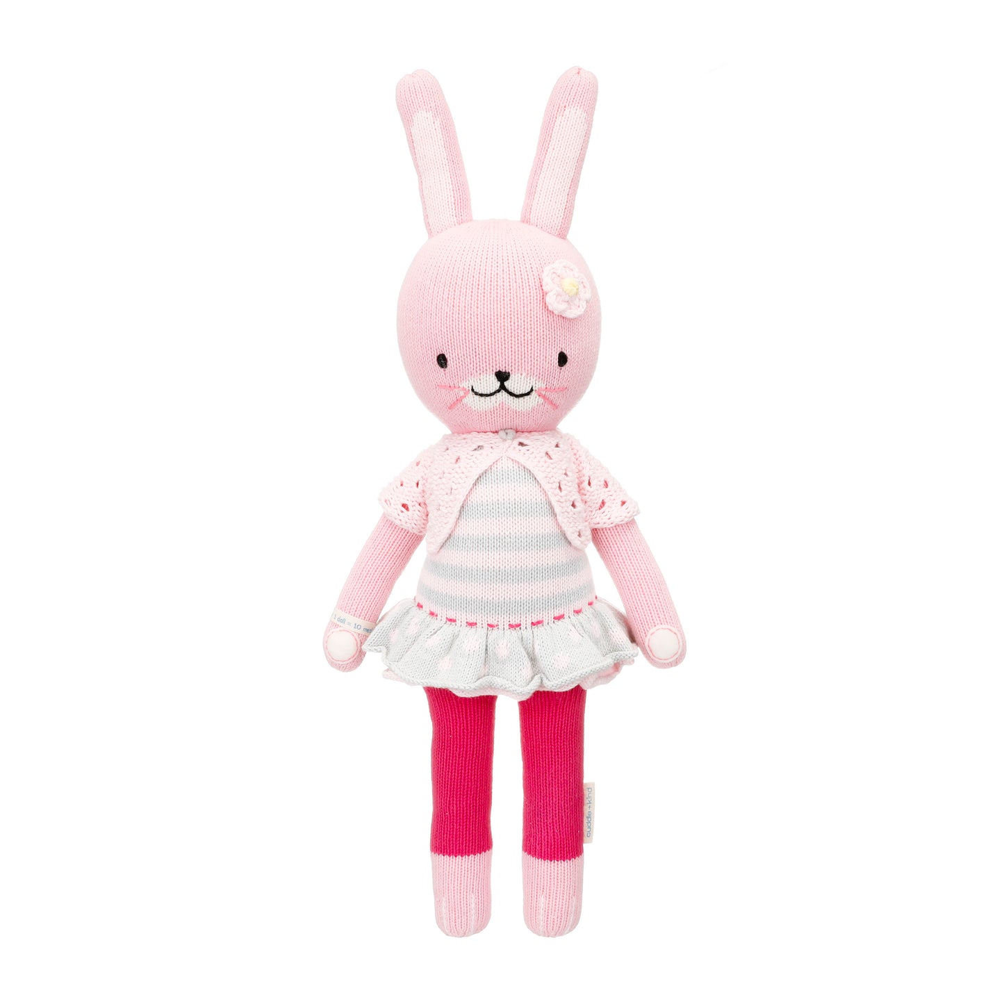 Chloe the bunny shown from 360°.  Chloe is pink, and she is wearing a gray and white striped dress and pink short-sleeved cardigan.