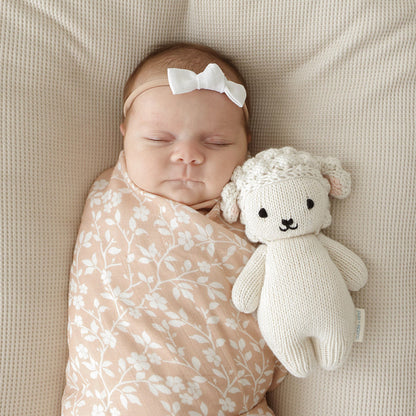 A sleeping baby snuggled with a baby lamb stuffed animal.