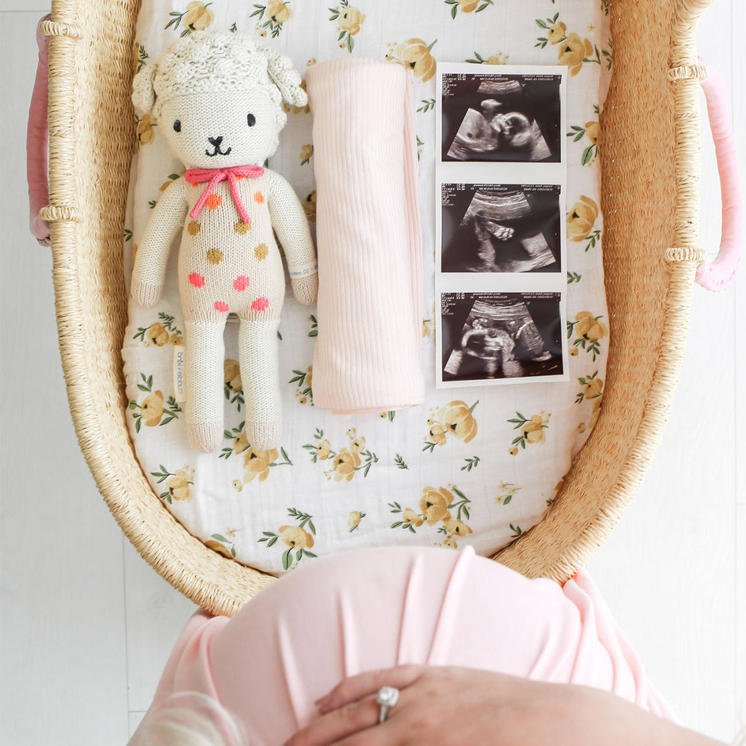 Lucy the lamb lying in a baby bassinet, alongside a rolled, pink receiving blanket and several ultrasound images. A woman holding her baby bump can be seen beside the bassinet.