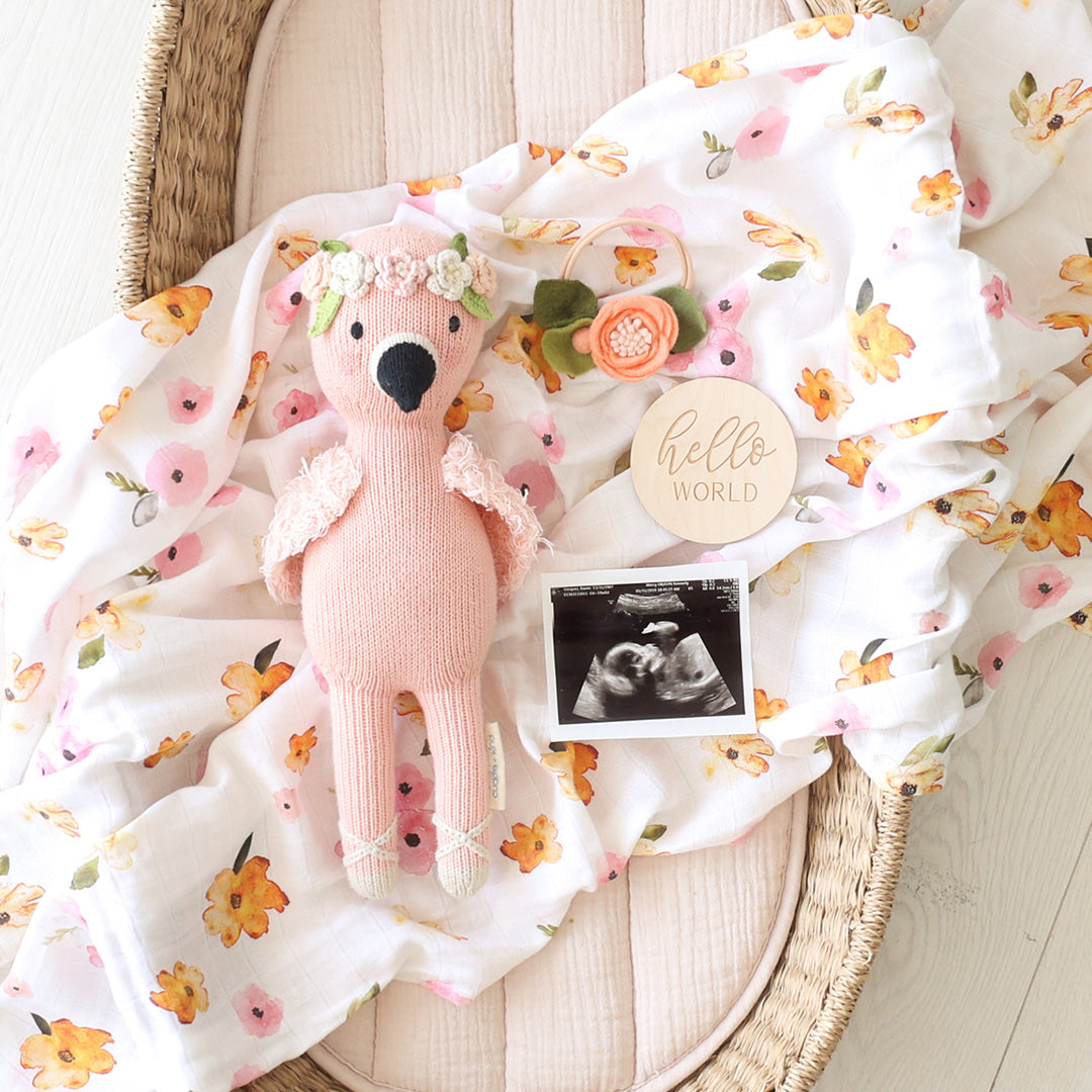 Penelope the flamingo lying in a wicker bassinet, next to an ultrasound photo, an infant’s floral headband and a small wooden sign with text that says "hello world"