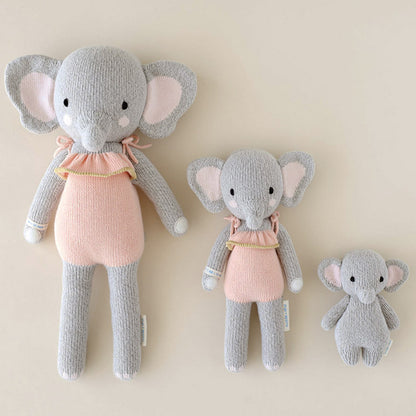 Three hand-knit dolls from cuddle and kind: Eloise the elephant in the regular and little sizes, and baby elephant.