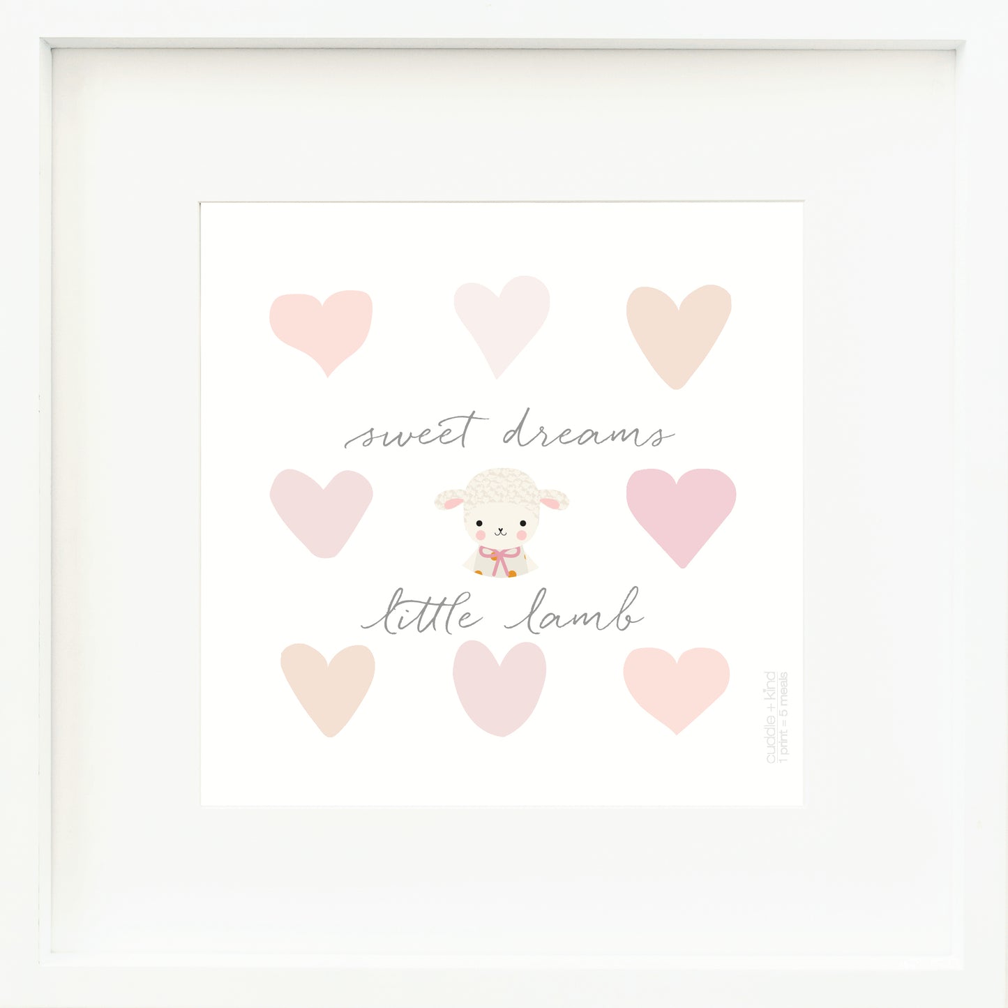 A framed print with a drawing of Lucy the lamb and text that says “Sweet dreams, little lamb.”