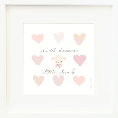 A framed print with a drawing of Lucy the lamb and text that says “Sweet dreams, little lamb.”