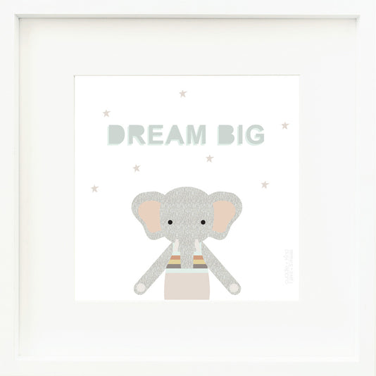 An inspirational print with a graphic of Evan the elephant on a pink background with stars and the words “Dream big” in gray.