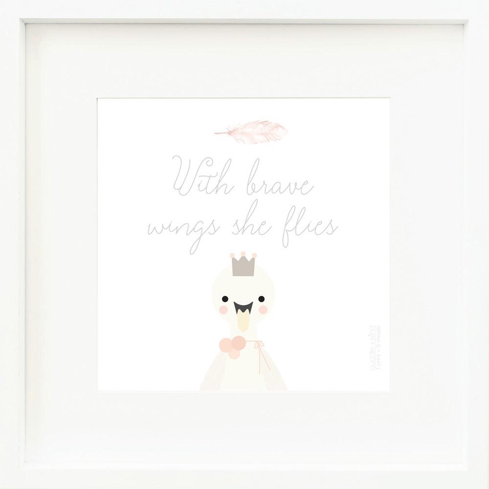 An inspirational print with a graphic of Harlow the swan on a white background with the words “With brave wings she flies” in purple-gray and a drawing of a pink feather.