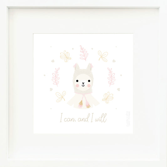 An inspirational print with a graphic of Lola the llama on a white background with leaf and butterfly drawings and the words “I can, and I will” in brown-gray.
