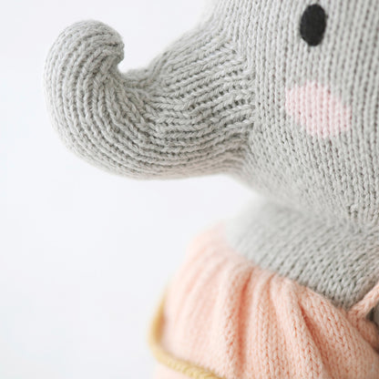 A close-up showing the hand-knit detail on Eloise the elephant's  trunk.