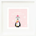 An inspirational print with a graphic of Aspen the penguin on a pink background with snowflakes and the words “Be yourself, there’s no one better�
