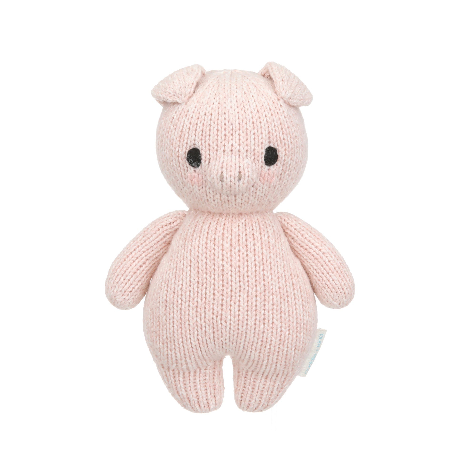 Baby piglet, shown from 360°. Baby piglet has folded ears, a raised button nose and a spiraled, yarn tail. 