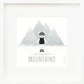 An inspirational print with a graphic of Hudson the polar bear in front of four grey-blue mountain peaks on a white background with the words “You can move mountains” in gray.