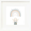 An inspirational print with a graphic of Henry the bunny with his arms in the air and the words “Born to be kind” in gray on a white background with a drawing of a rainbow.