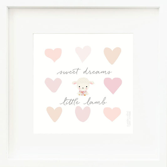 An inspirational print with a graphic of Lucy the lamb on a white background with hearts and the words “Sweet dreams little lamb” in dark gray.