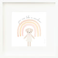 An inspirational print with a graphic of Mia the dog with the words “You are like a rainbow” in gray on a white background with a drawing of a rainbow.