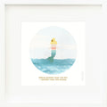 An inspirational print with a graphic of Skye the mermaid with an ocean and sky and the words “Dream bigger tha