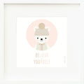 An inspirational print with a graphic of Stella the polar bear in a pink circle on a white background with the words “Believe in yourself” in pink and brown.