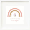 An inspirational print with a graphic of Zoe the unicorn on a white background with a pink and gold rainbow and the words “Everything she does is magic” in pink.