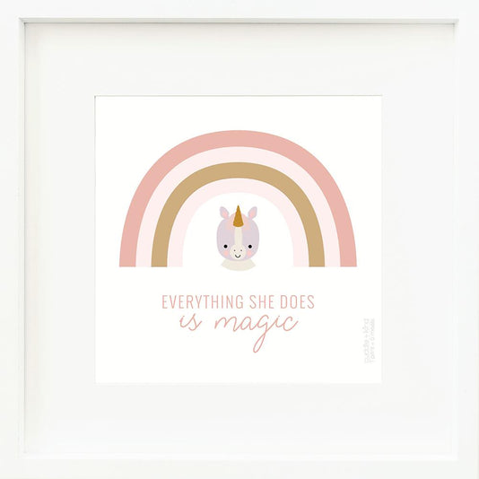 An inspirational print with a graphic of Zoe the unicorn on a white background with a pink and gold rainbow and the words “Everything she does is magic” in pink.
